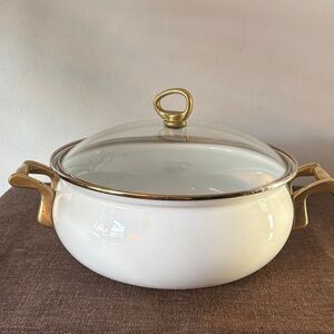VINTAGE 1980’s - White Enamel Covered Casserole with Brass/Gold Trim & Handles